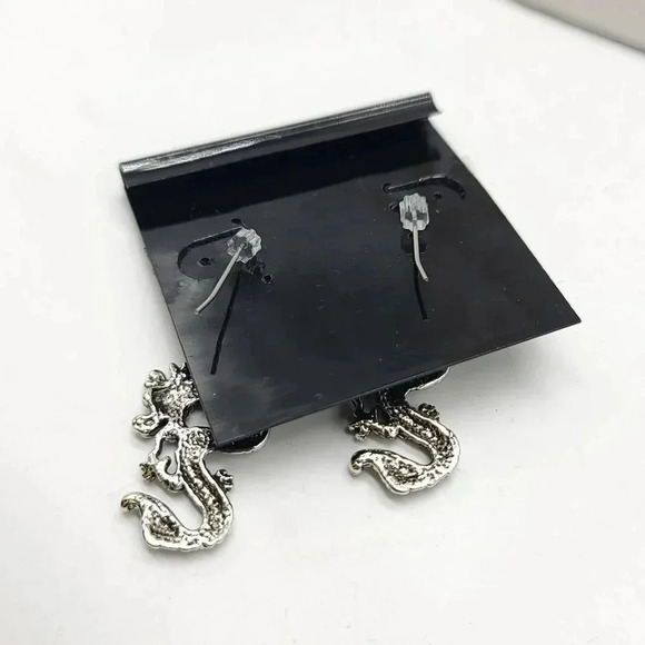 Giovanni Silver Tone Ornate Tibetan Dragon Dangle Earrings - Picture 3 of 4